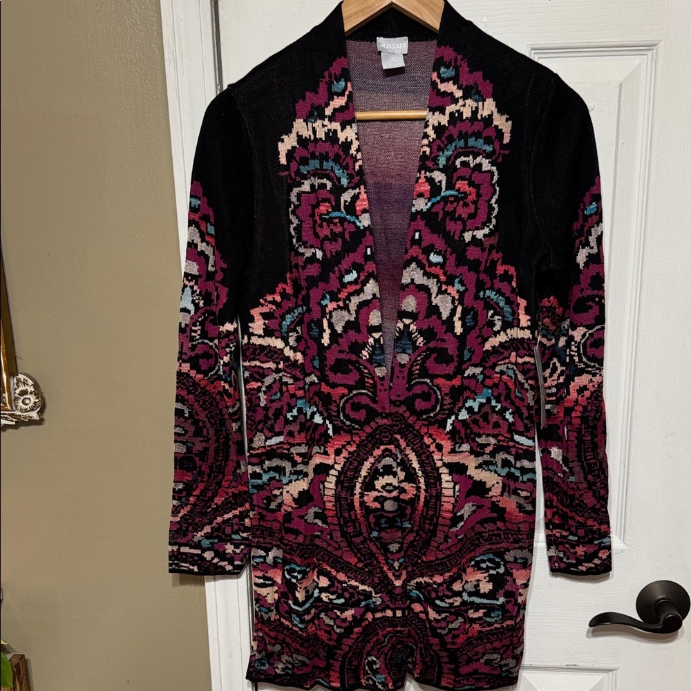 NWT Chico's Grand Multi Jaq Coatigan Sweater Black Pink Blue Size O Small